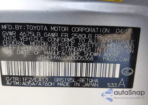 2006 Lexus Gs 300 z USA, uszkodzony, nr VIN JTHCH96S060005368